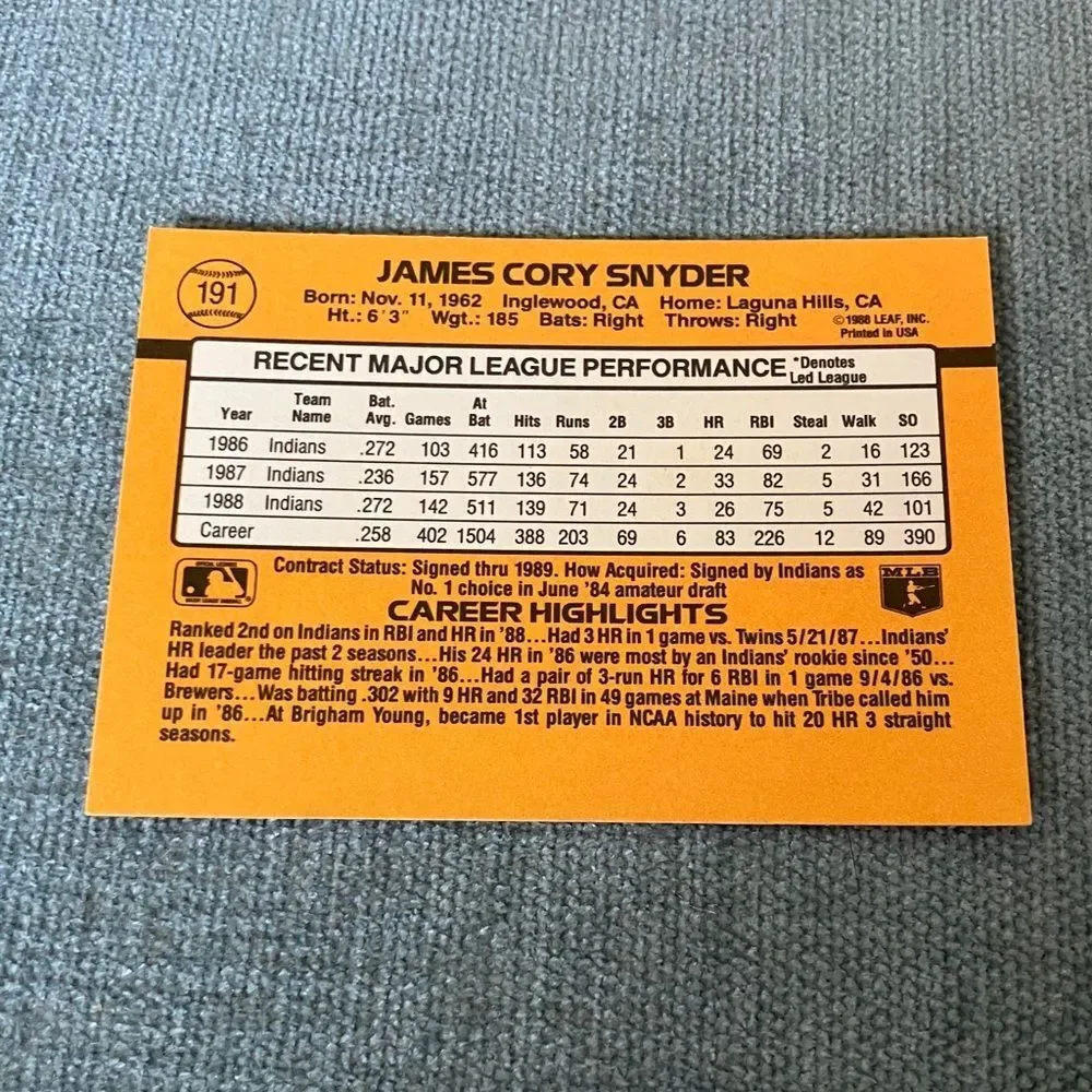 1989 Donruss Cleveland Indians Baseball Card Trading Card